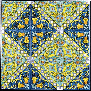 Color multicolor, Estilo hecho a mano, Azulejo base, Mayolica, 20x20 cm, Acabado semi-brillo